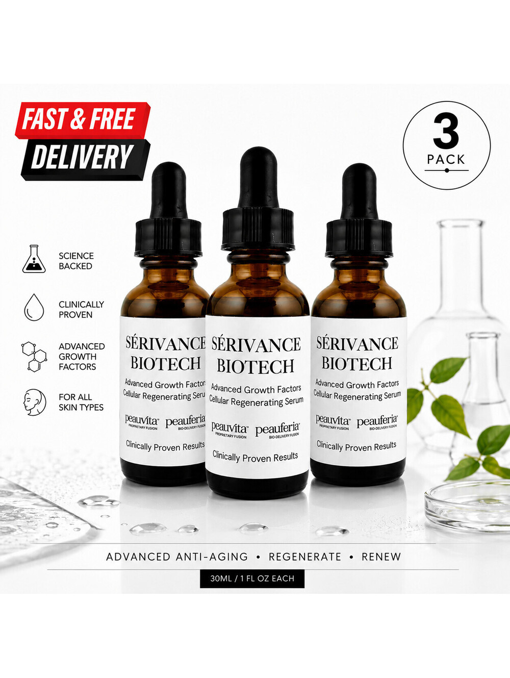 3-Pack Serivance Biotech Advanced Growth Factors Cellular Regenerating Serum